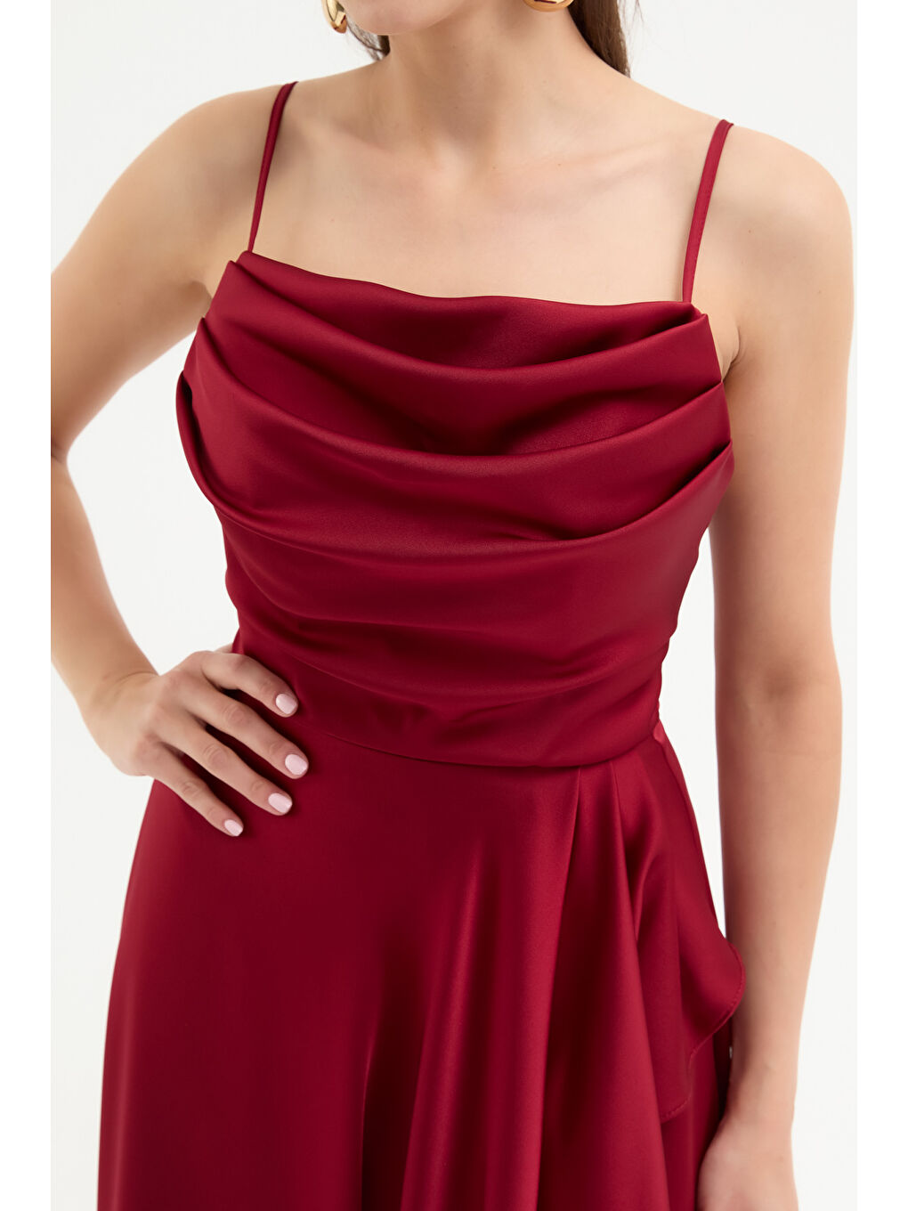 Kadın Bordo Volanlı Yırtmaçlı Saten Abiye & Mezuniyet Elbisesi-3