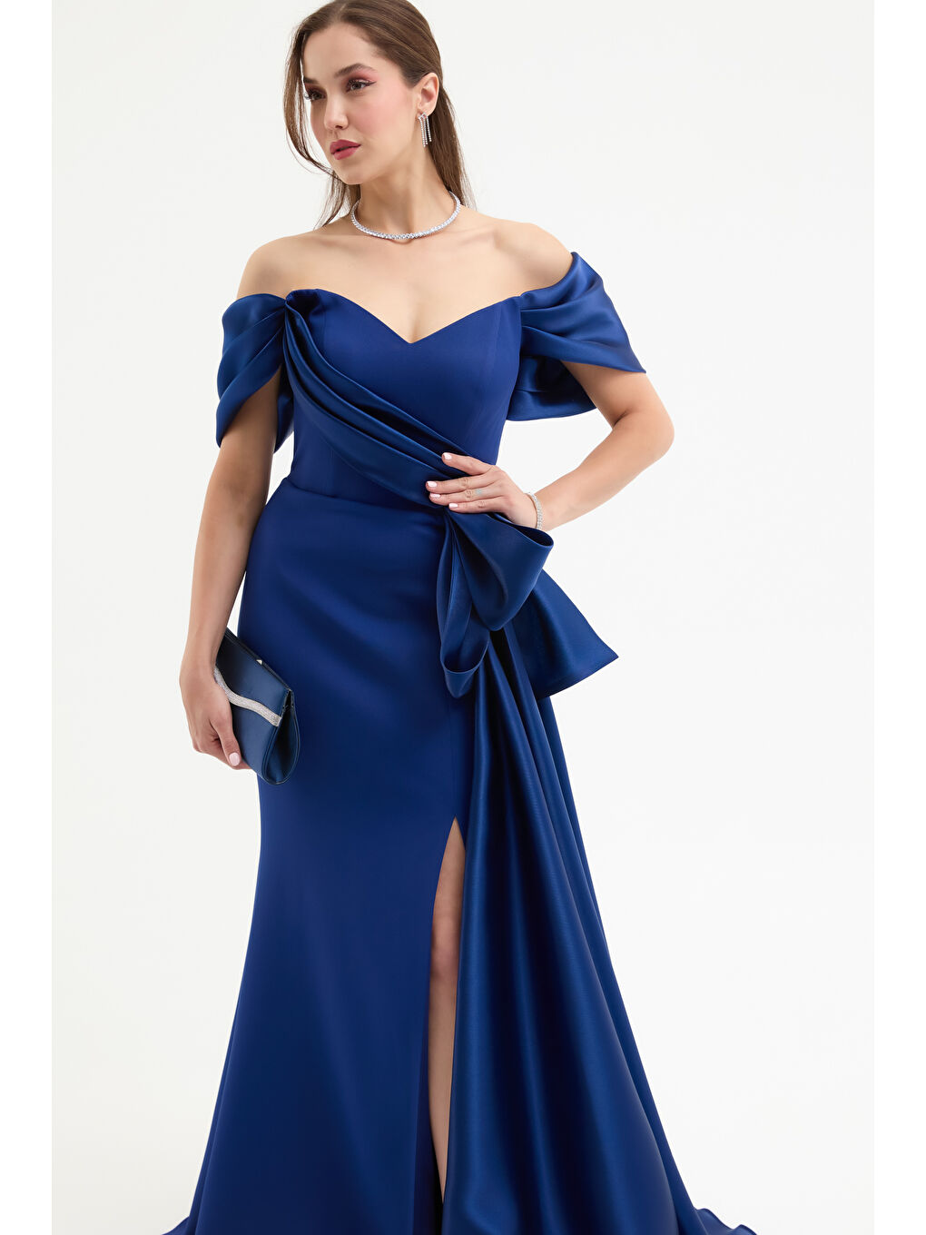 Kadın Lacivert Kayık Yaka Kuyruklu Uzun Abiye Elbise-1
