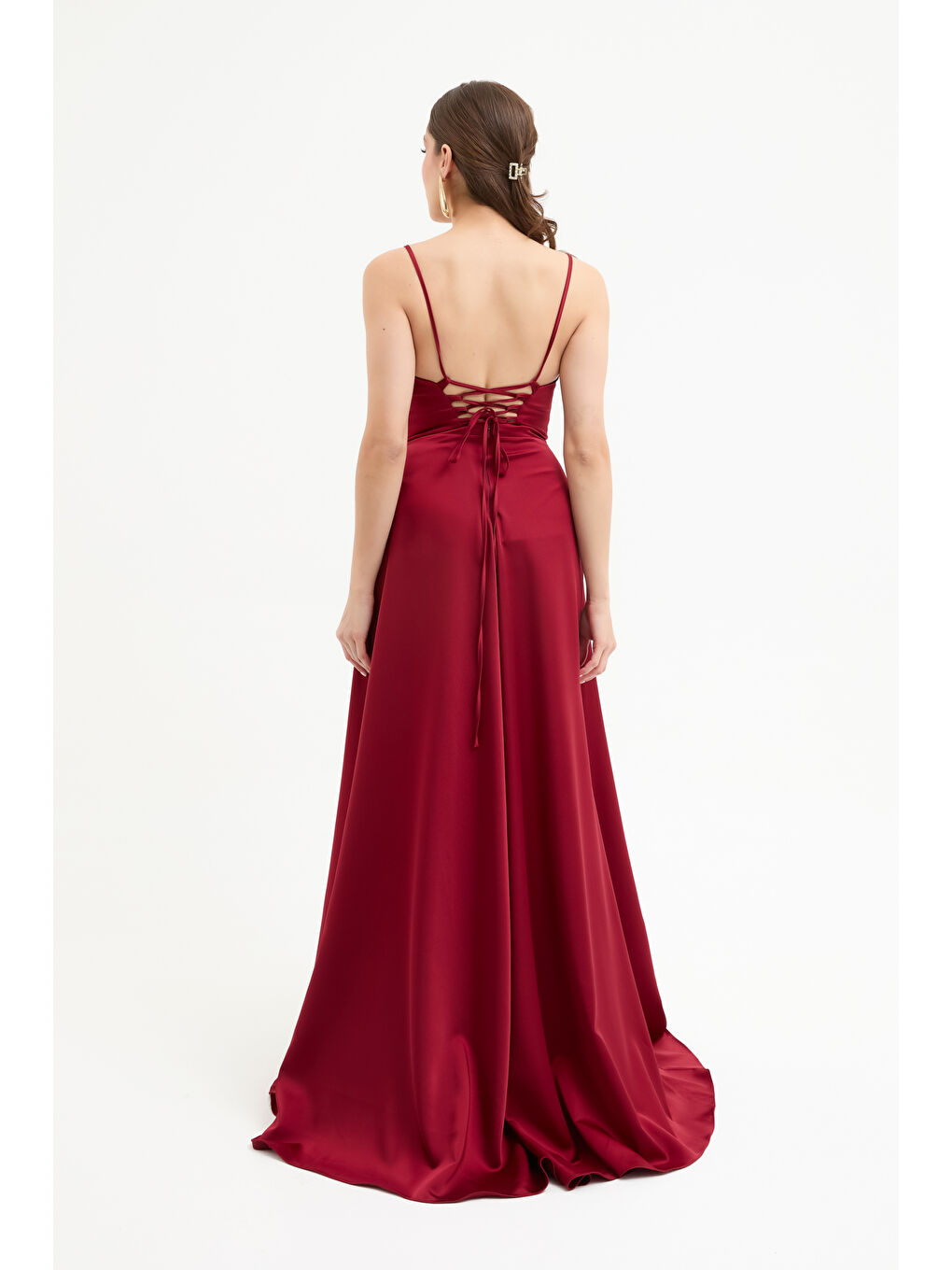 Kadın Bordo Volanlı Yırtmaçlı Saten Abiye & Mezuniyet Elbisesi-4