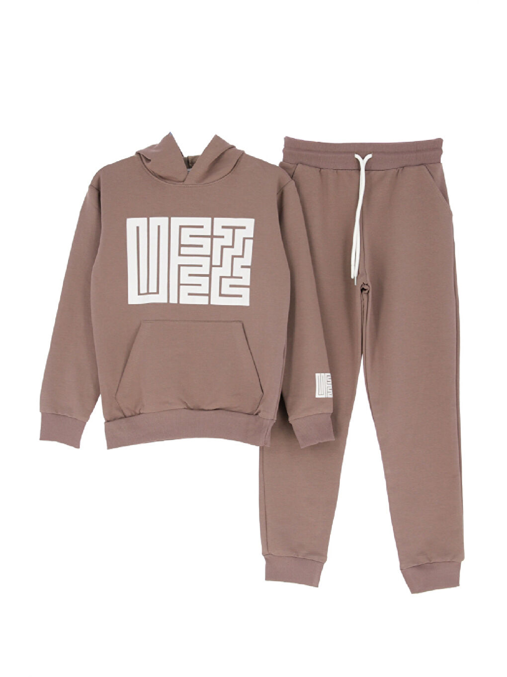 Kahverengi Kız Çocuk 2 İplik Küfe Yazı Görselli Kapüşonlu Alt-Üst Takım 12374