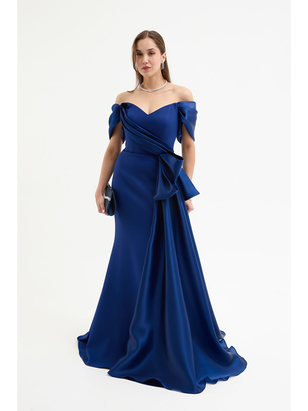 Kadın Lacivert Kayık Yaka Kuyruklu Uzun Abiye Elbise-3