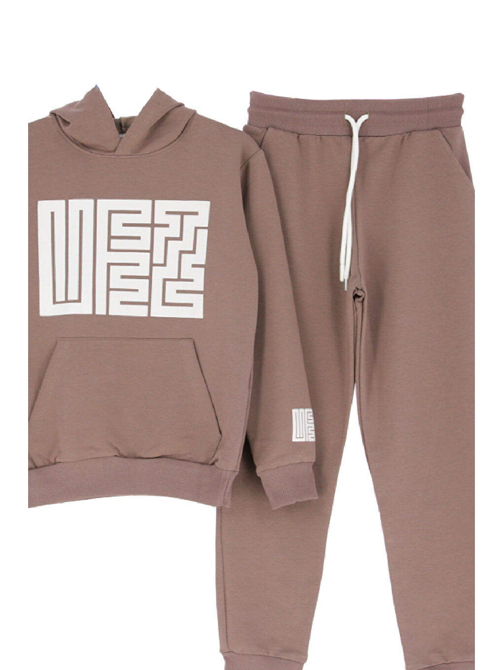 Kahverengi Kız Çocuk 2 İplik Küfe Yazı Görselli Kapüşonlu Alt-Üst Takım 12374-1