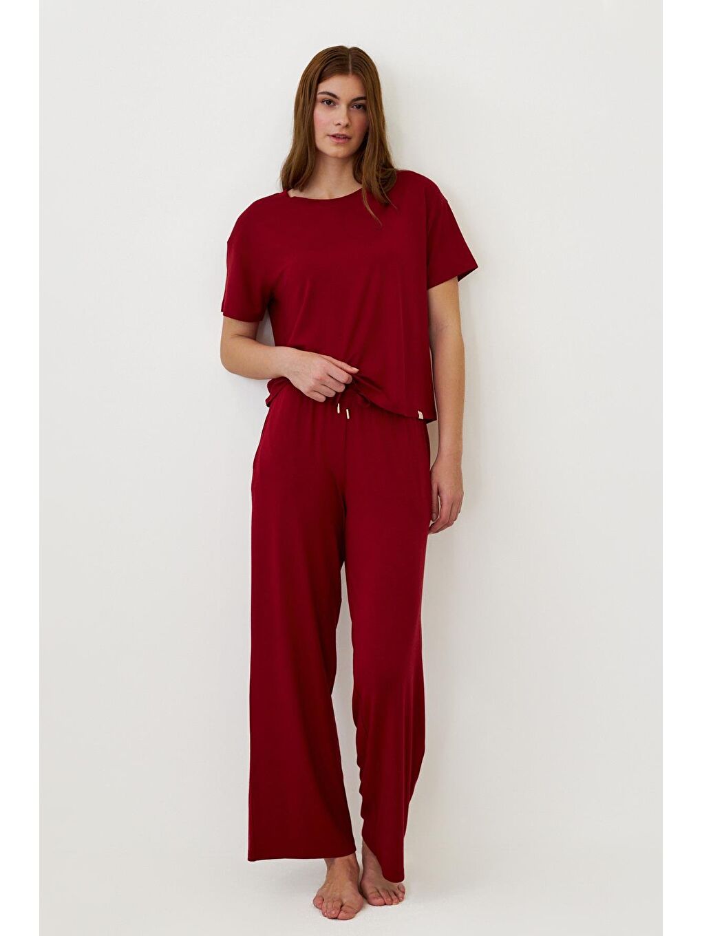 Kadın Luxury Bol Paça Pijama Altı Bordo-1