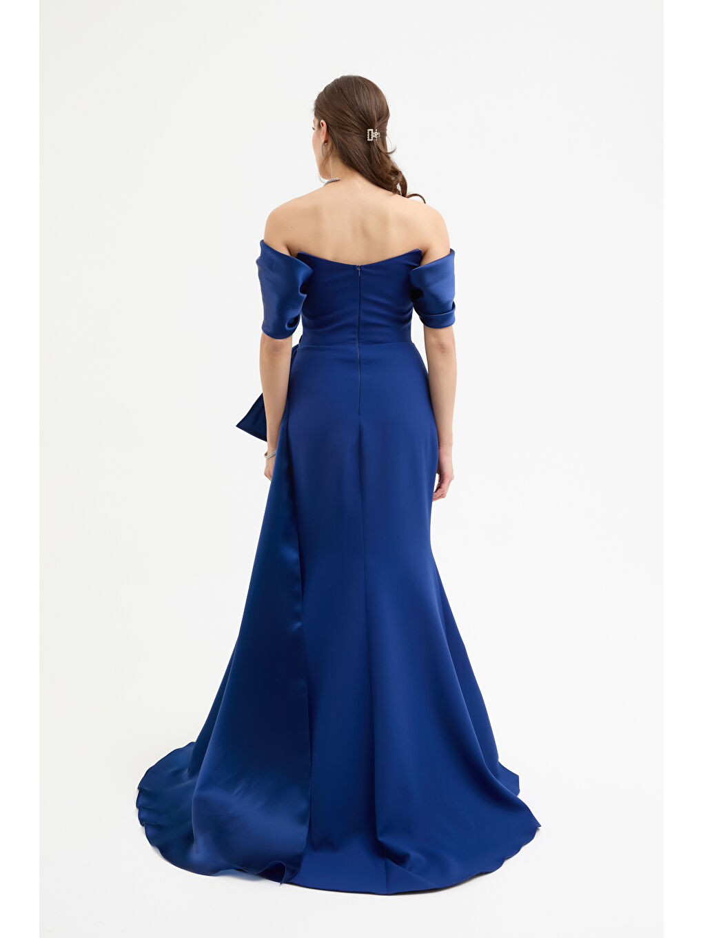 Kadın Lacivert Kayık Yaka Kuyruklu Uzun Abiye Elbise-4