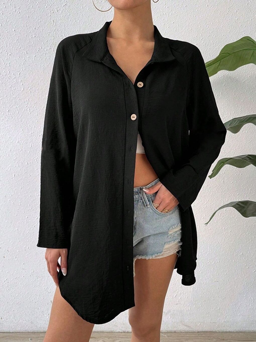 Siyah Keten Görünümlü Uzun Gömlek