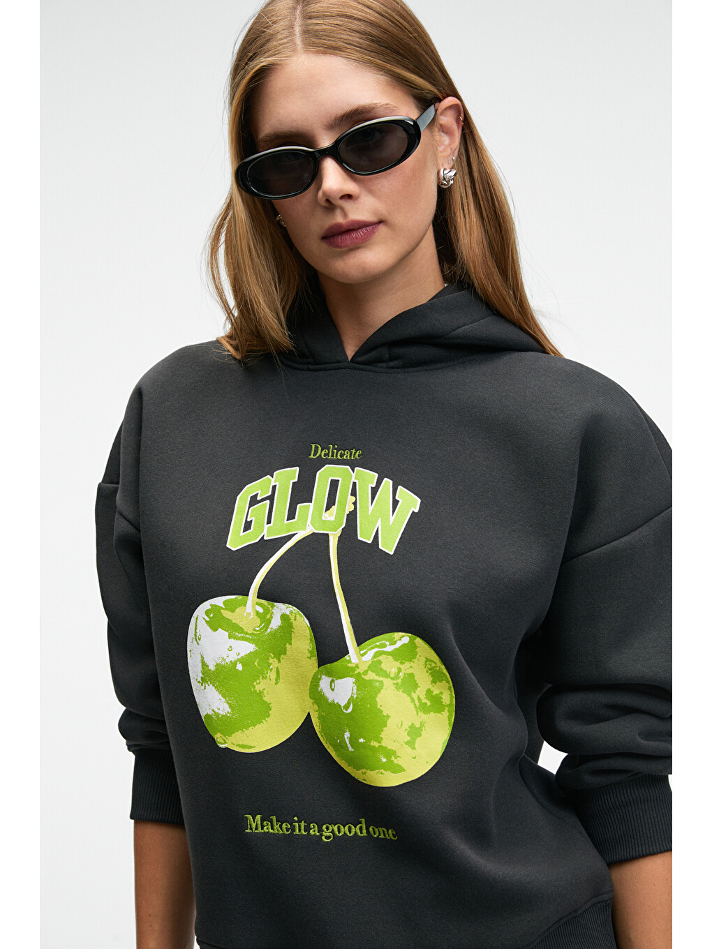 Yanmesa Kadın Oversize Baskı Ve Nakış Detaylı Uzun Kollu Kapüşonlu Koyu Antrasit Sweatshirt-3