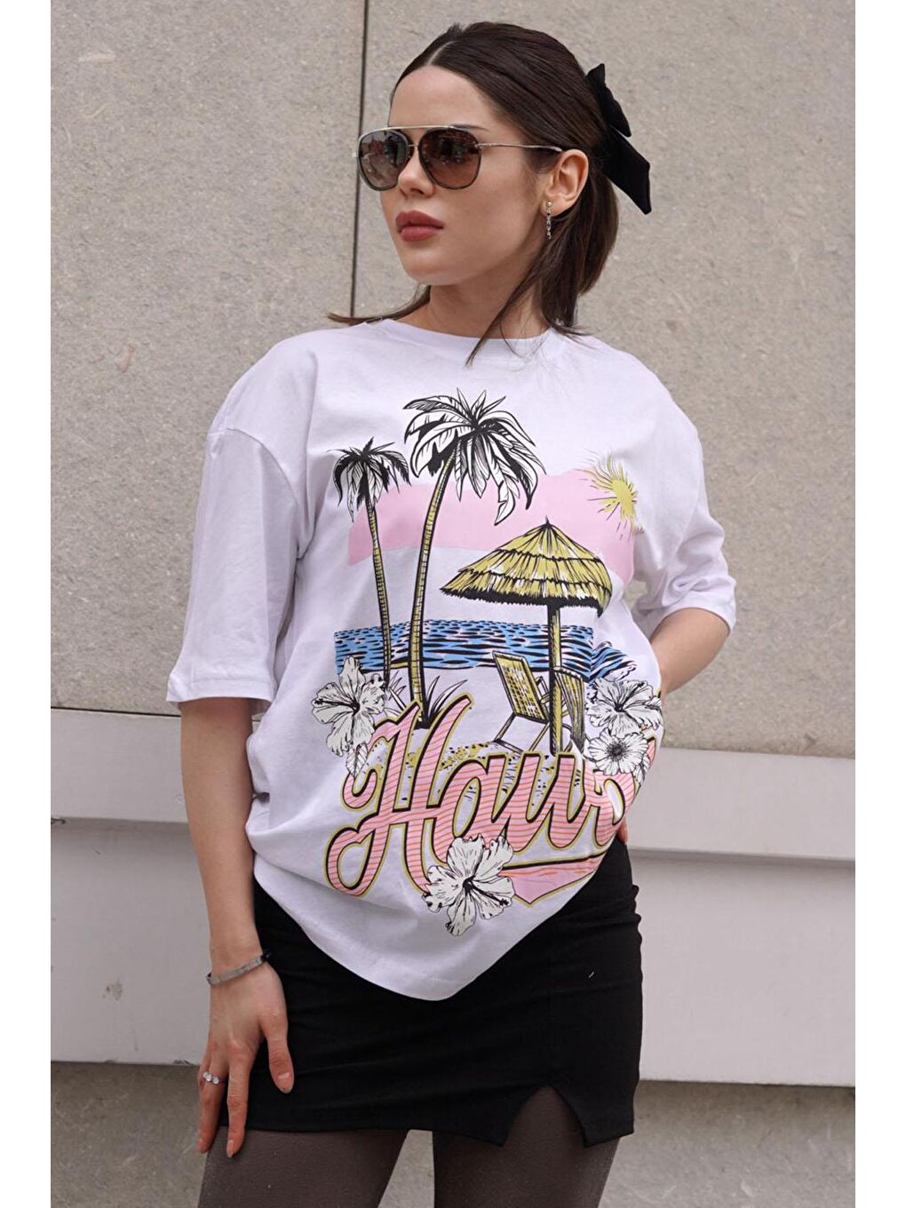 Beyaz Baskılı Bisiklet Yaka Kadın Tişört Mg1765-1