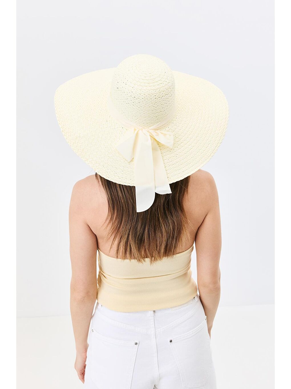 Ekru Geniş Kenar Hasır Plaj Şapkası Y25730-16 Krem-2