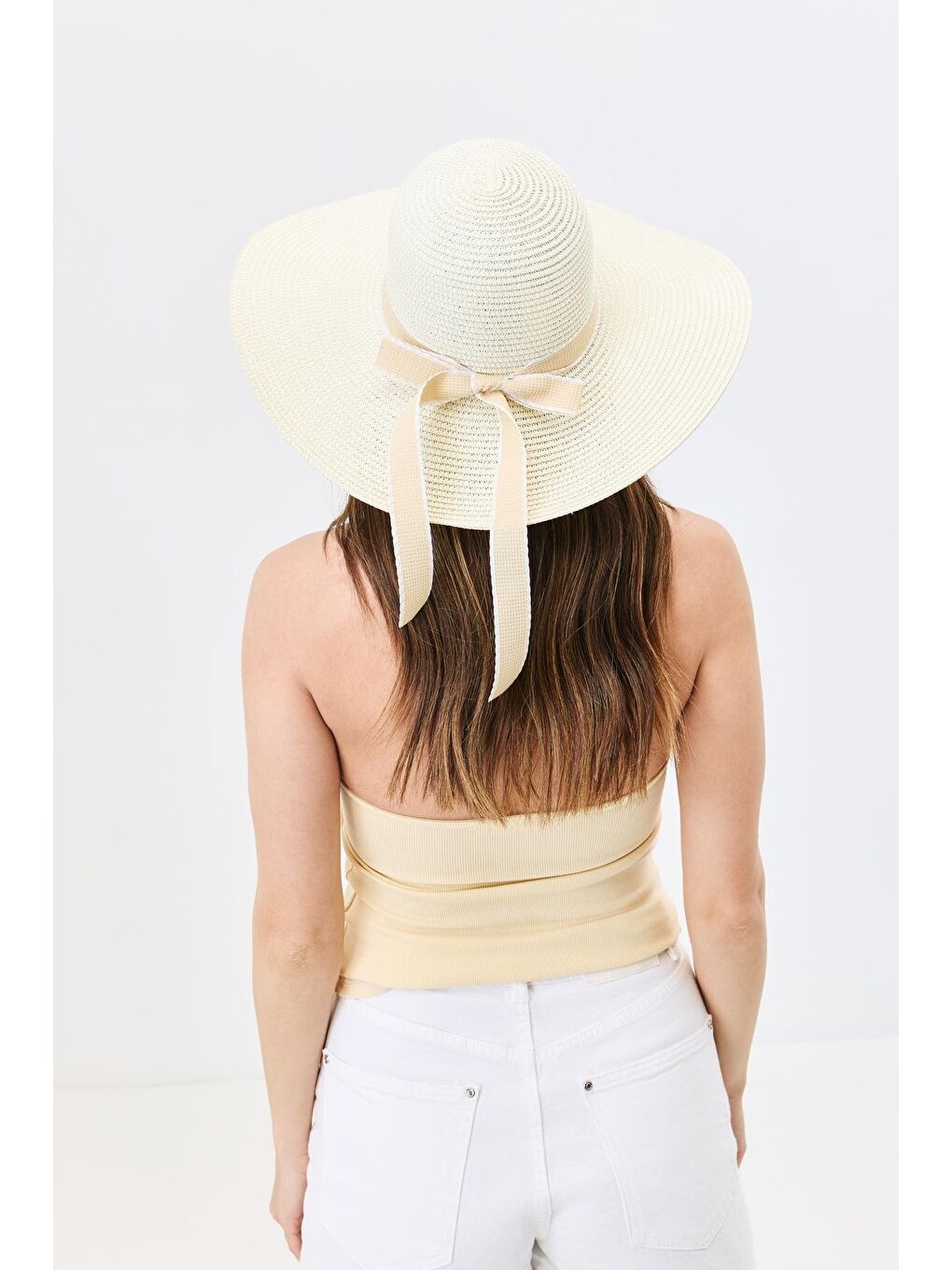 Ekru Geniş Kenar Hasır Plaj Şapkası Y25730-04 Krem-2
