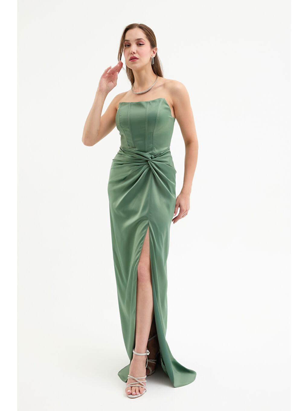 Kadın Haki Kruvaze Astarlı Dokuma Korse Detaylı Saten Uzun Abiye Elbise-1