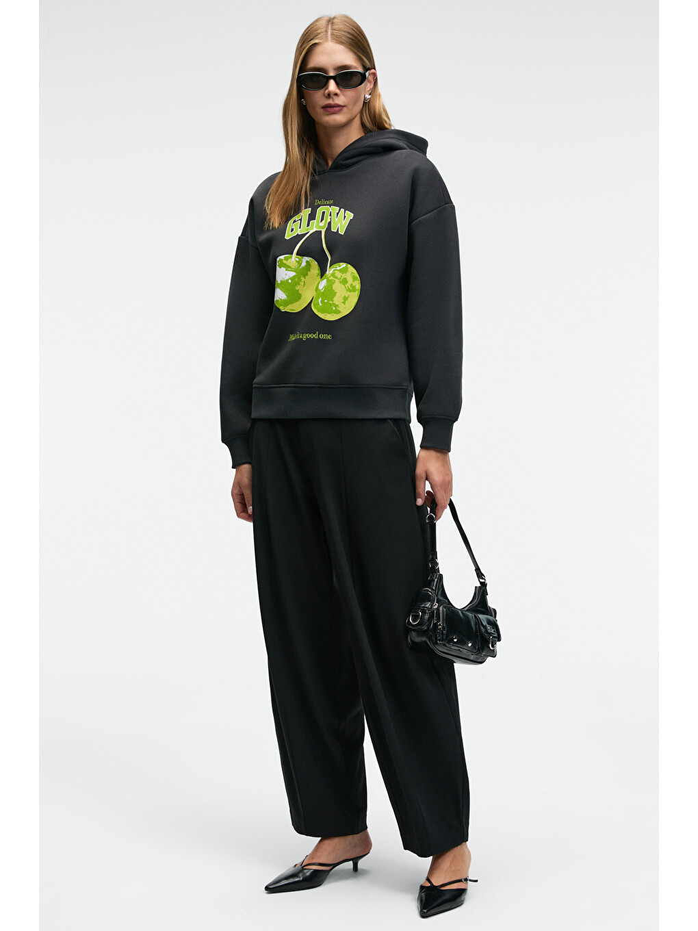 Yanmesa Kadın Oversize Baskı Ve Nakış Detaylı Uzun Kollu Kapüşonlu Koyu Antrasit Sweatshirt-4
