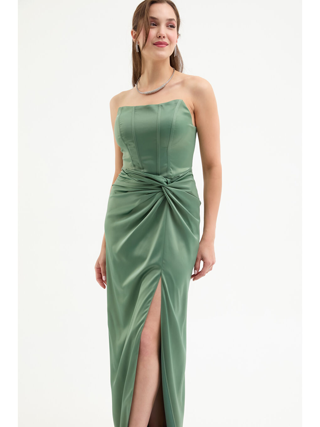 Kadın Haki Kruvaze Astarlı Dokuma Korse Detaylı Saten Uzun Abiye Elbise-2