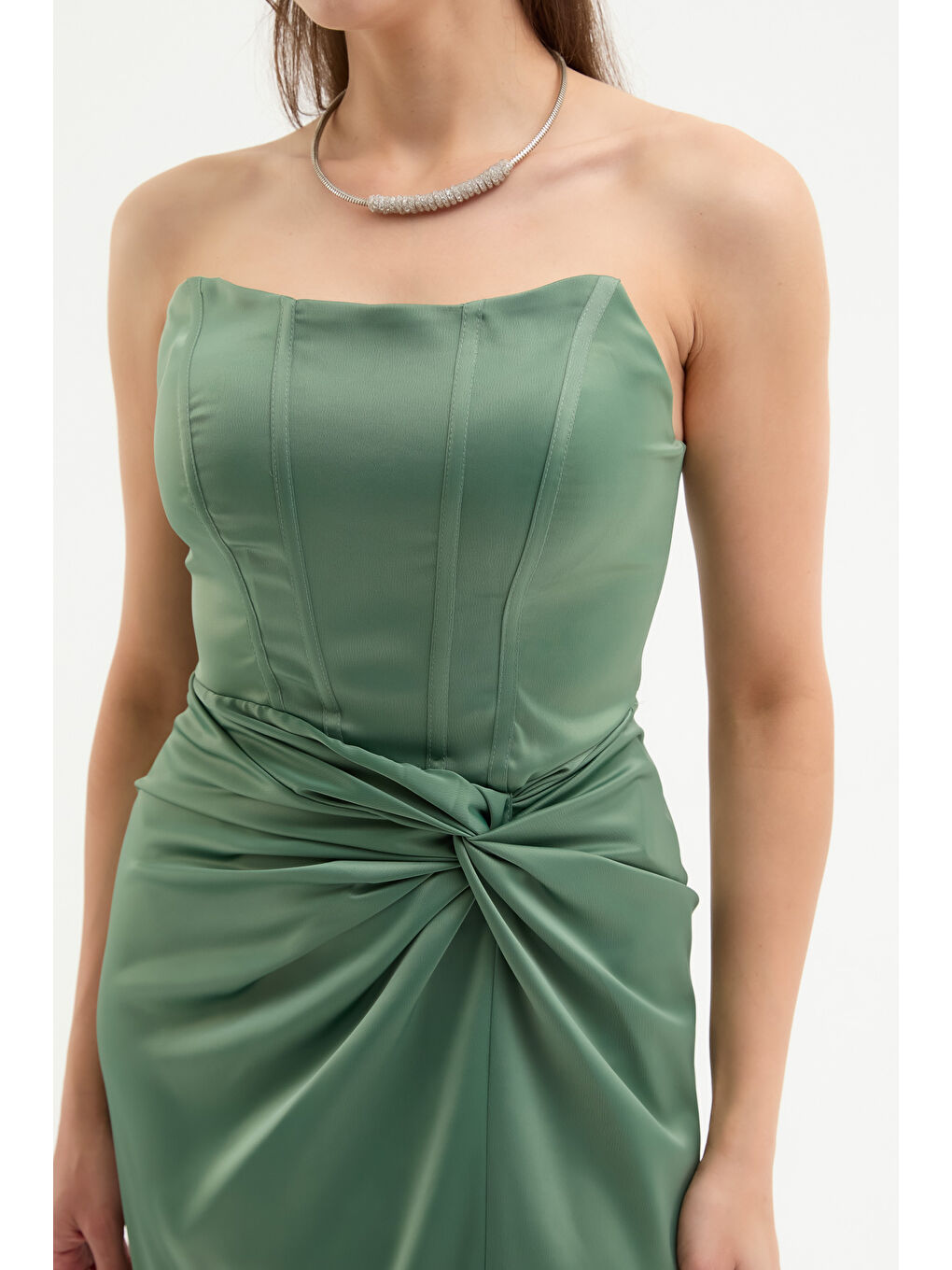 Kadın Haki Kruvaze Astarlı Dokuma Korse Detaylı Saten Uzun Abiye Elbise-3