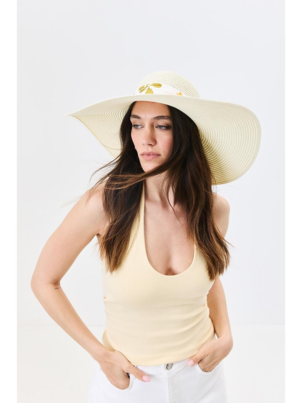 Ekru Geniş Kenar Hasır Plaj Şapkası Y25730-11 Krem