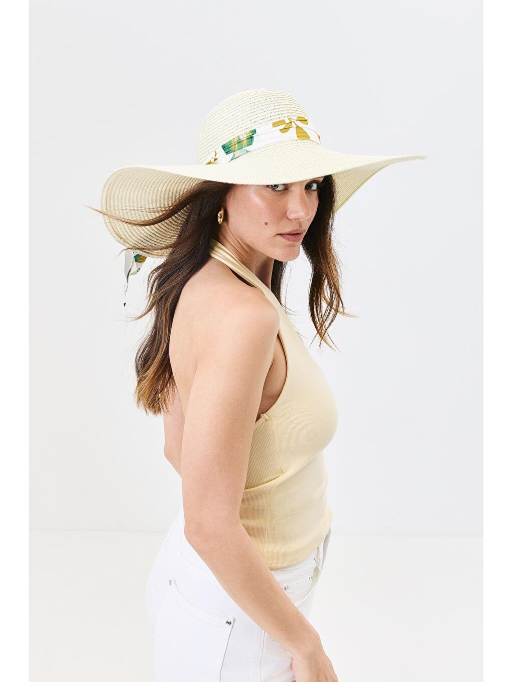 Ekru Geniş Kenar Hasır Plaj Şapkası Y25730-11 Krem-1