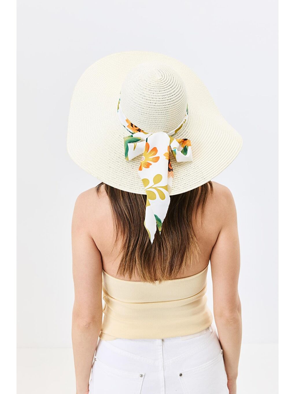 Ekru Geniş Kenar Hasır Plaj Şapkası Y25730-11 Krem-2