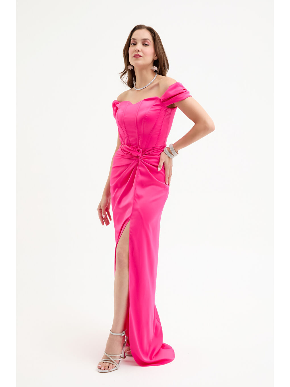 Kadın Fuşya Balen Korseli Uzun Saten Abiye Elbise-1