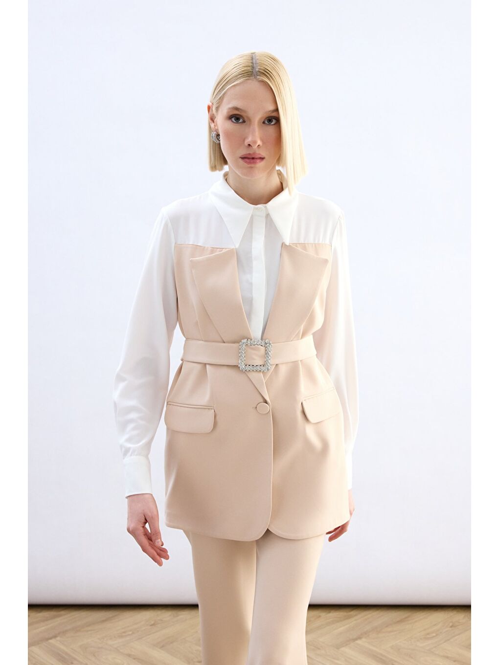 Ceket Görünümlü Gömlek - Bej