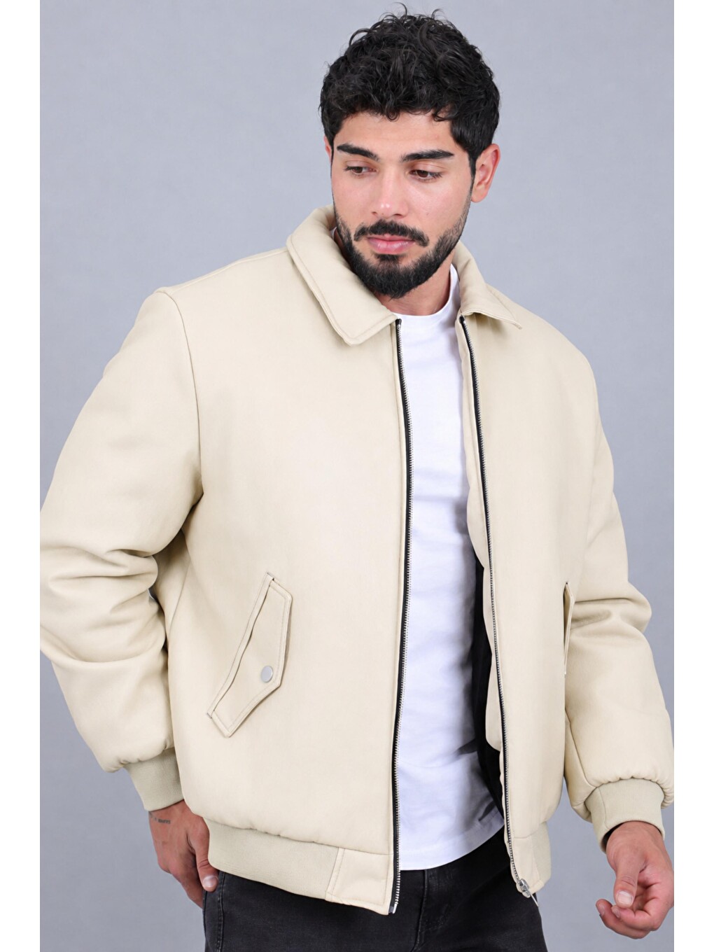 Ekru Cep Detay Dolumlu İçi Kürklü Suni Deri Mont Kmd 897_50533-1