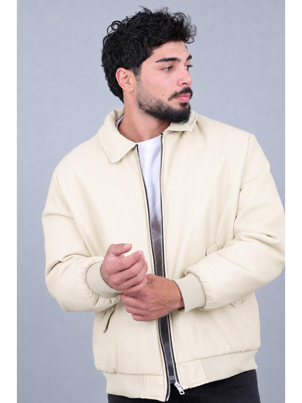 Ekru Cep Detay Dolumlu İçi Kürklü Suni Deri Mont Kmd 897_50533-3