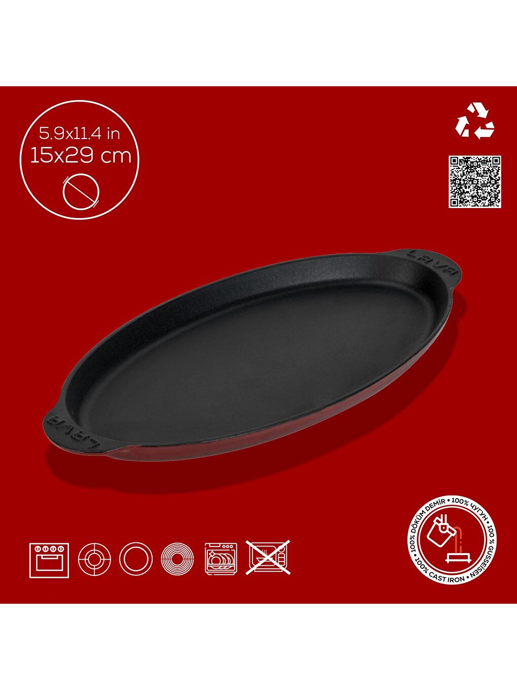 Bordo Balık Tabağı Döküm Demir Yekpare Kulplu 15x29cm.-3