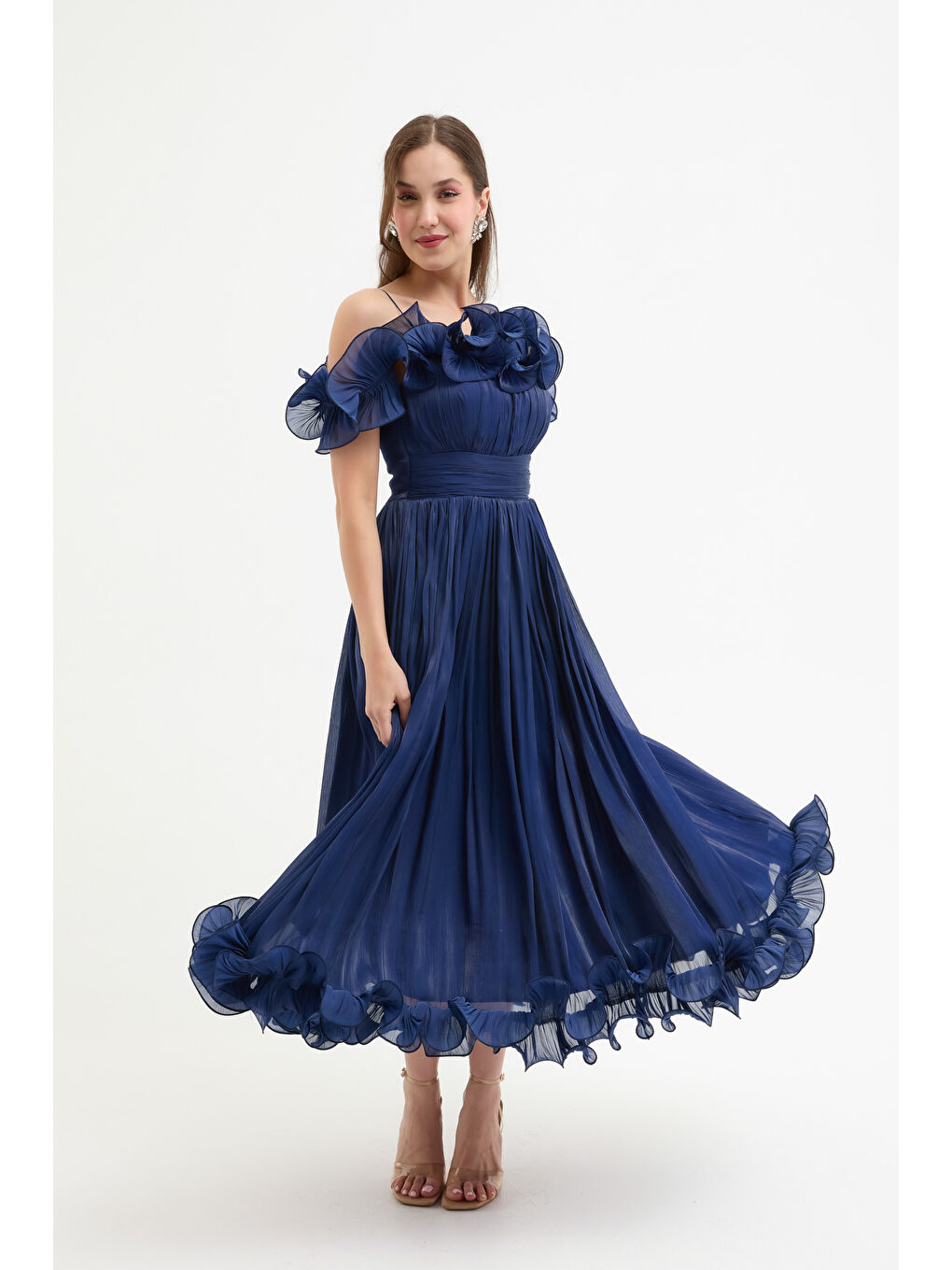 Kadın Lacivert Yaka Detay Midi Abiye Elbise-1