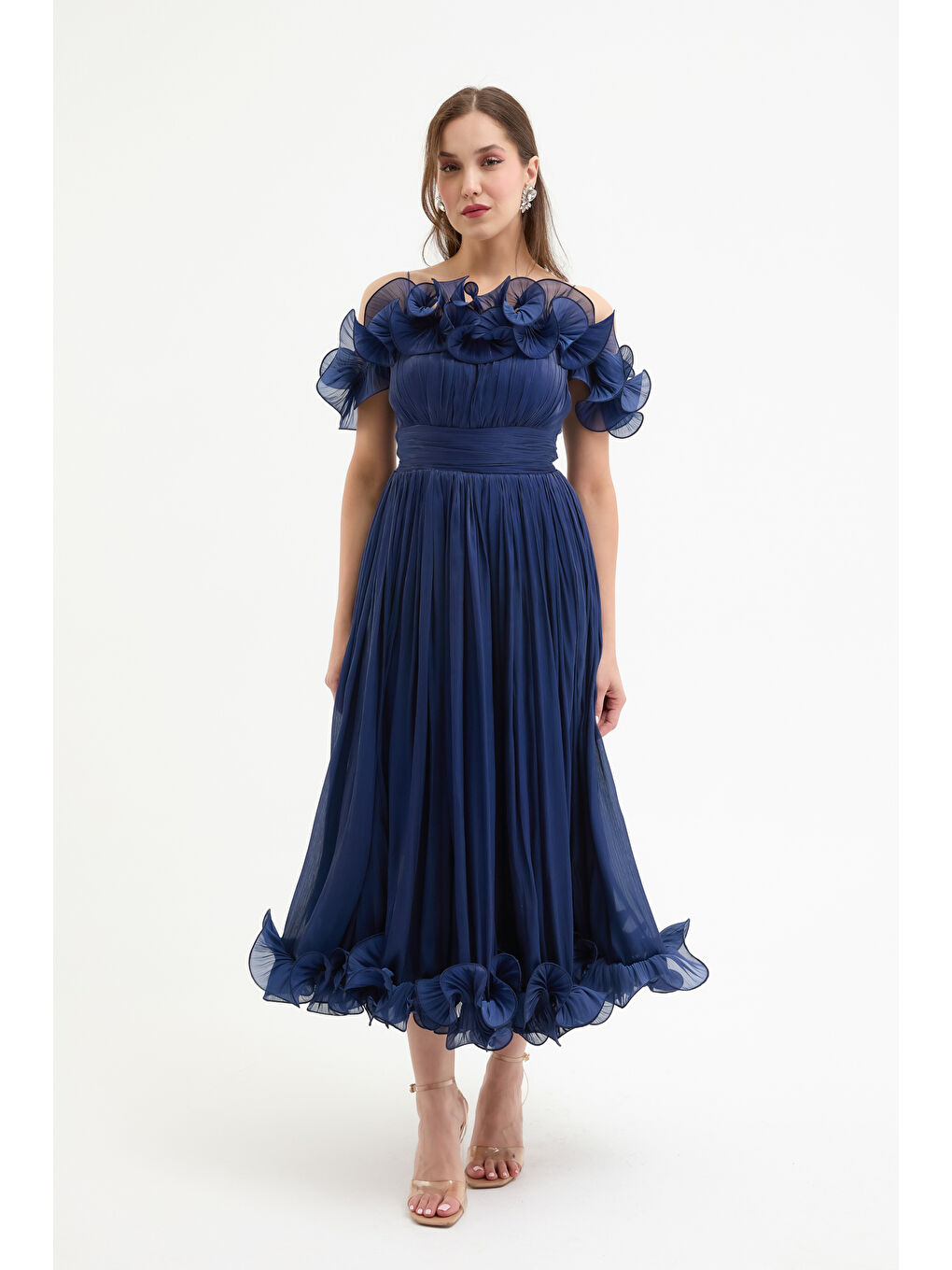 Kadın Lacivert Yaka Detay Midi Abiye Elbise-2