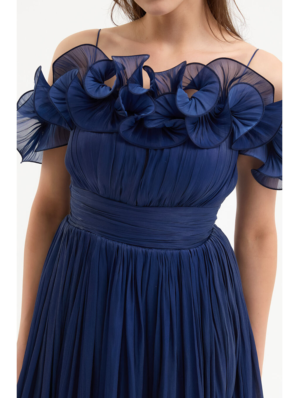 Kadın Lacivert Yaka Detay Midi Abiye Elbise-3