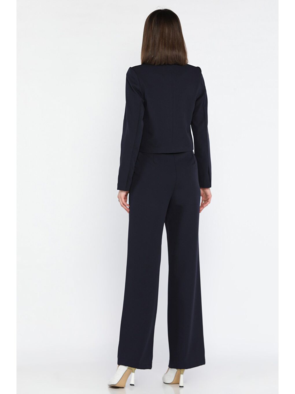 Lacivert Kadın Dört Düğmeli Blazer Ceket Palazzo Pantolon İkili Takım-2