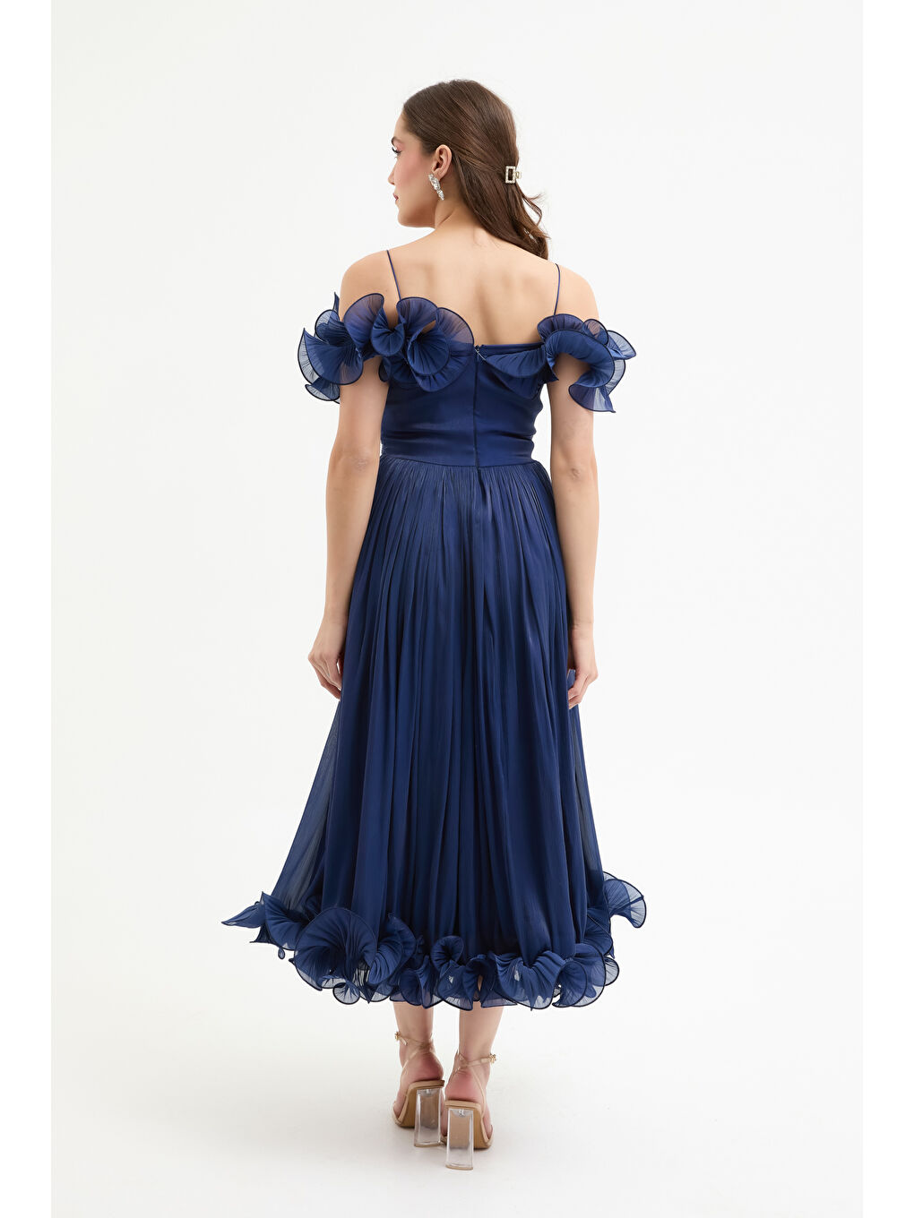 Kadın Lacivert Yaka Detay Midi Abiye Elbise-4