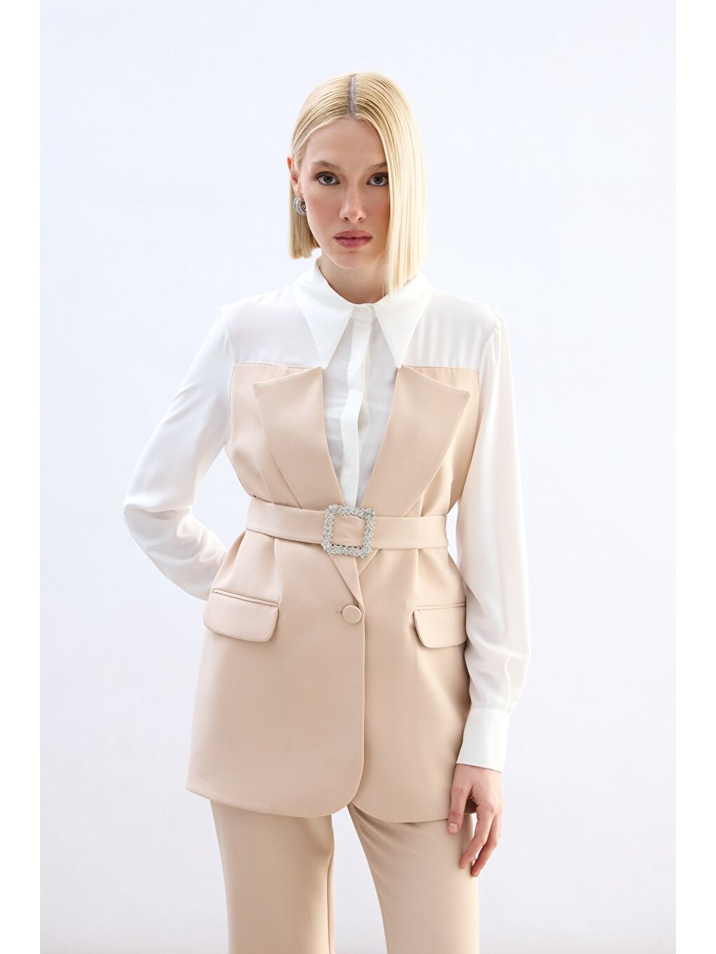 Ceket Görünümlü Gömlek - Bej-3