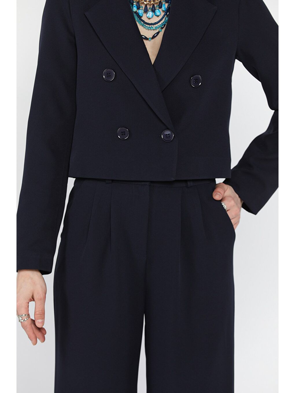 Lacivert Kadın Dört Düğmeli Blazer Ceket Palazzo Pantolon İkili Takım-3