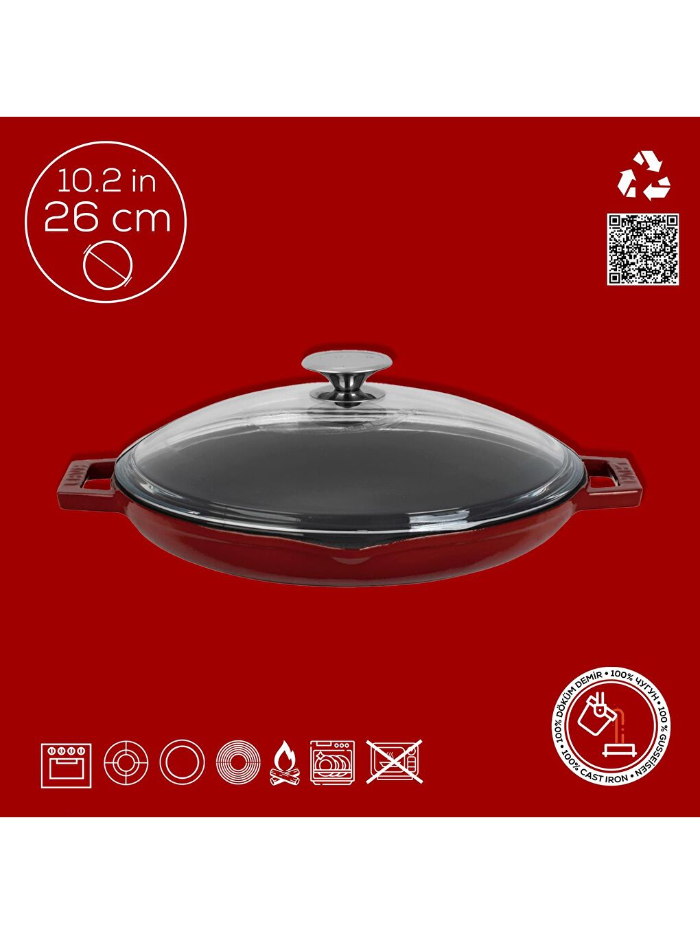 Bordo Yuvarlak Kızartma Tavası Cam Kapaklı Döküm Demir Yekpare Çift Kulplu Çap(Ø)26cm.-3