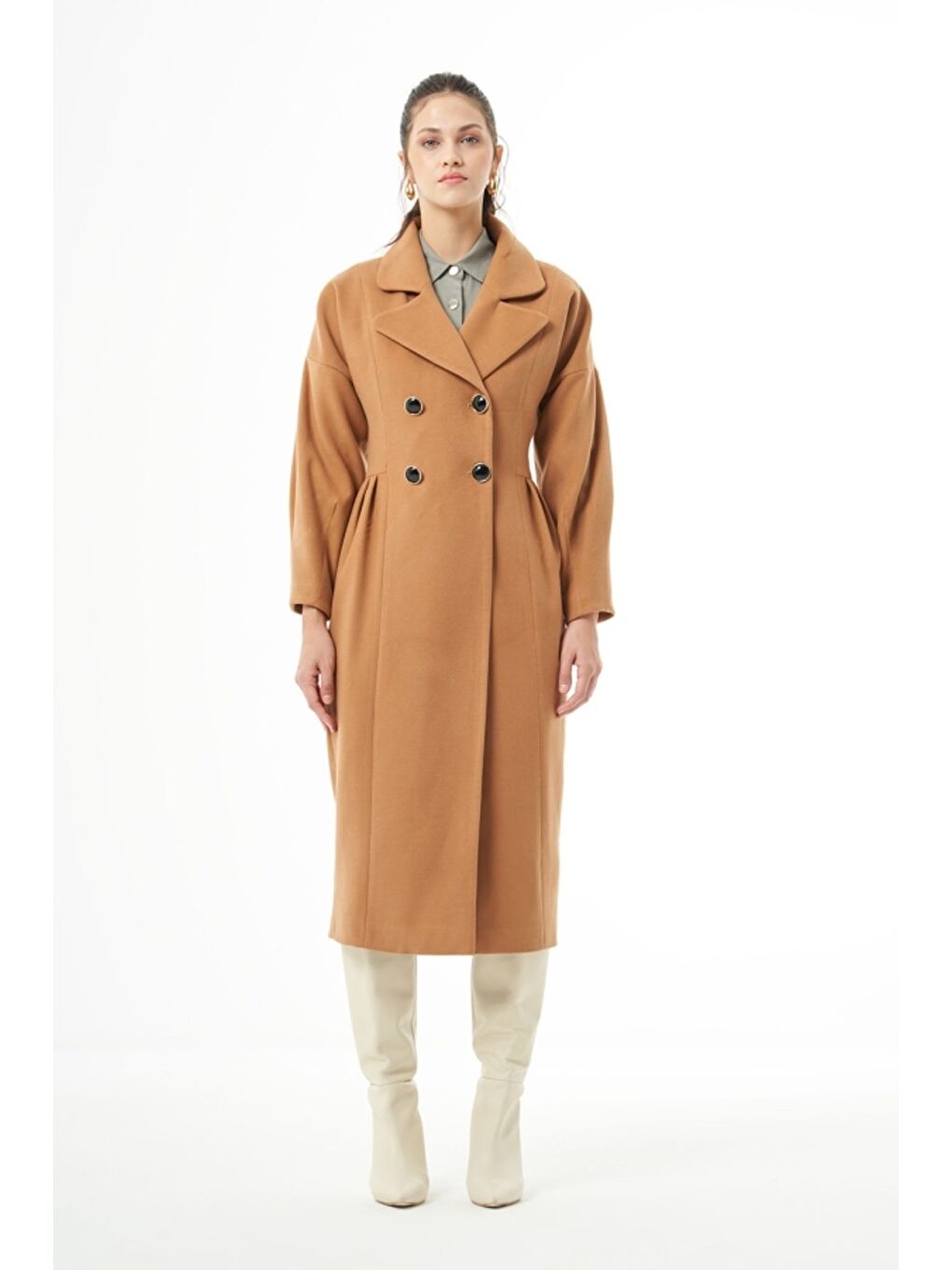 Karışık MZL Camel Bel Pilesi Detaylı Uzun Kaşe Kaban