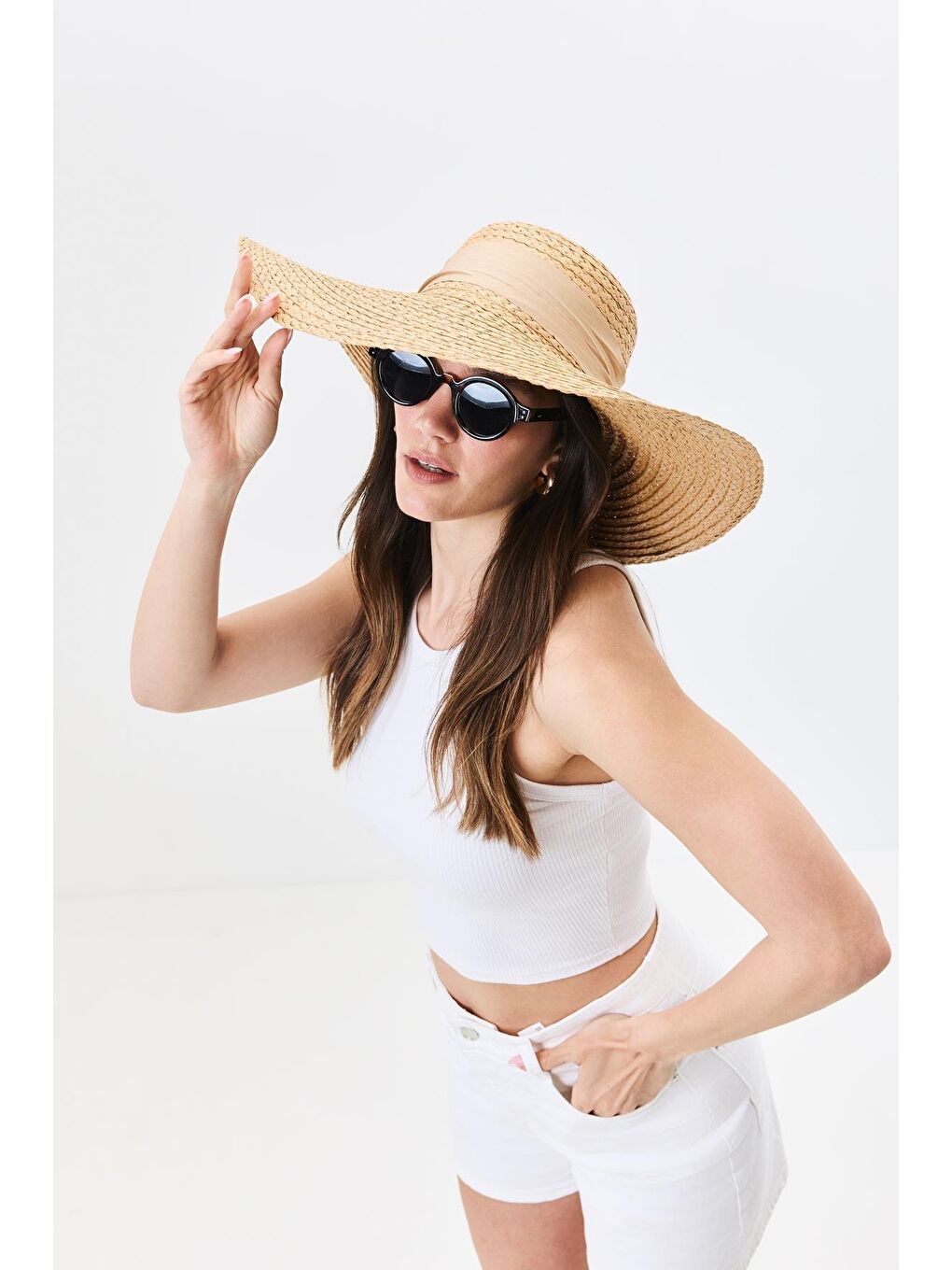 Bej Geniş Kenar Hasır Plaj Şapkası Y25730-16 Vizon-1