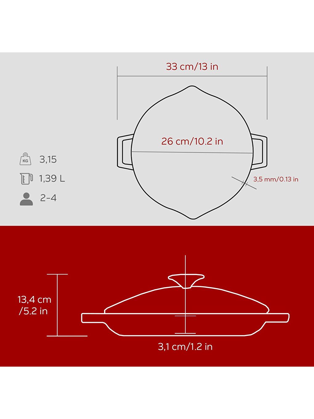 Bordo Yuvarlak Kızartma Tavası Cam Kapaklı Döküm Demir Yekpare Çift Kulplu Çap(Ø)26cm.-4