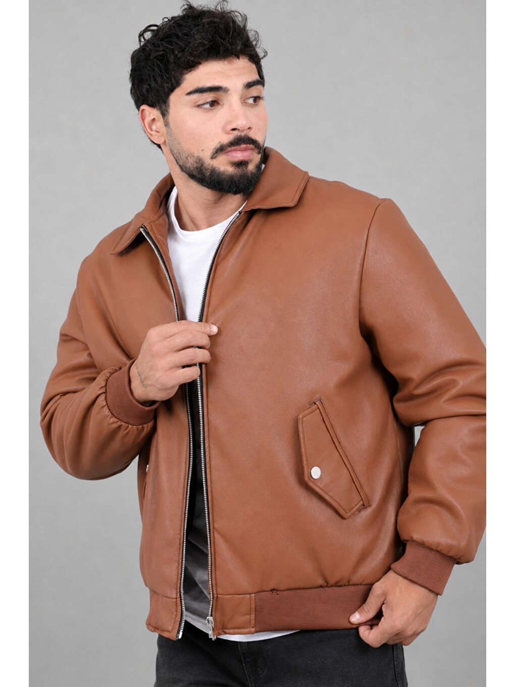 Kahverengi Cep Detay Dolumlu İçi Kürklü Suni Deri Mont Kmd 897_50533-1