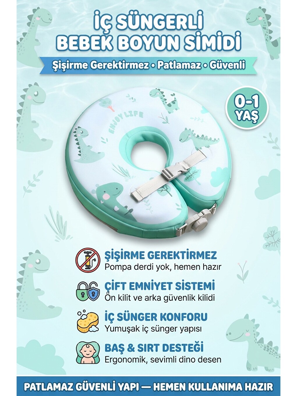 Karışık İçi Süngerli Çocuk Yüzme Simidi Şişirmesiz Çift Emniyetli Dino Temalı Yüzme Simidi