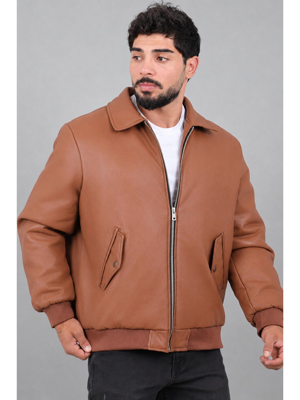 Kahverengi Cep Detay Dolumlu İçi Kürklü Suni Deri Mont Kmd 897_50533-2