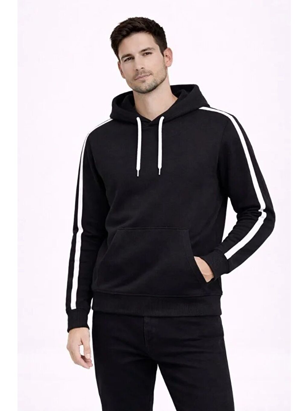 Erkek Şeritli Kapüşonlu Sweatshirt Oversize 3 Iplik Pamuklu - Siyah