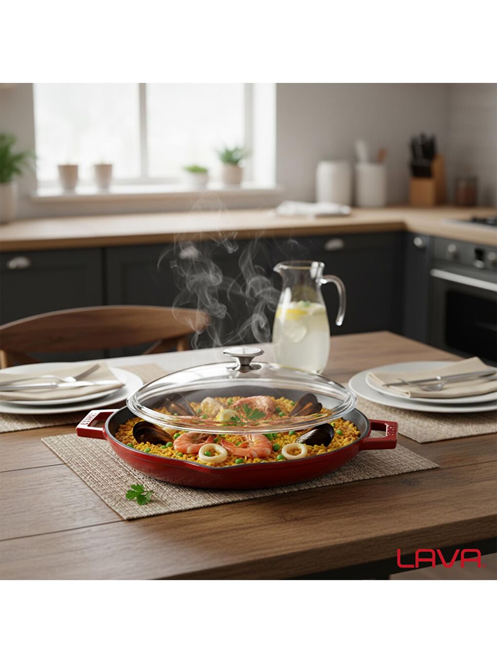 Bordo Yuvarlak Kızartma Tavası Cam Kapaklı Döküm Demir Yekpare Çift Kulplu Çap(Ø)26cm.-6