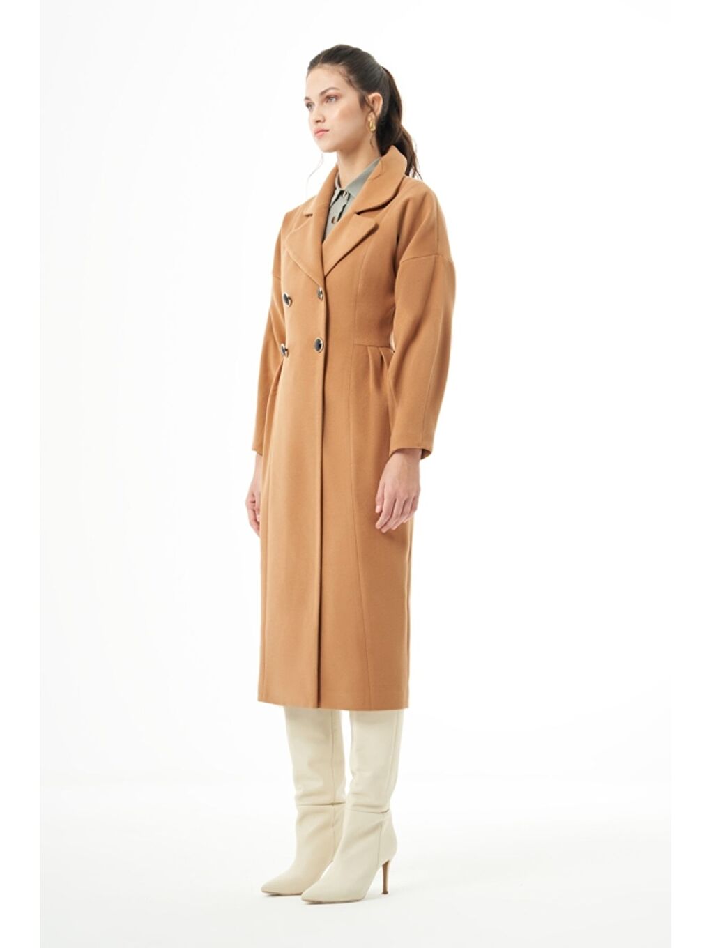 Karışık MZL Camel Bel Pilesi Detaylı Uzun Kaşe Kaban-2