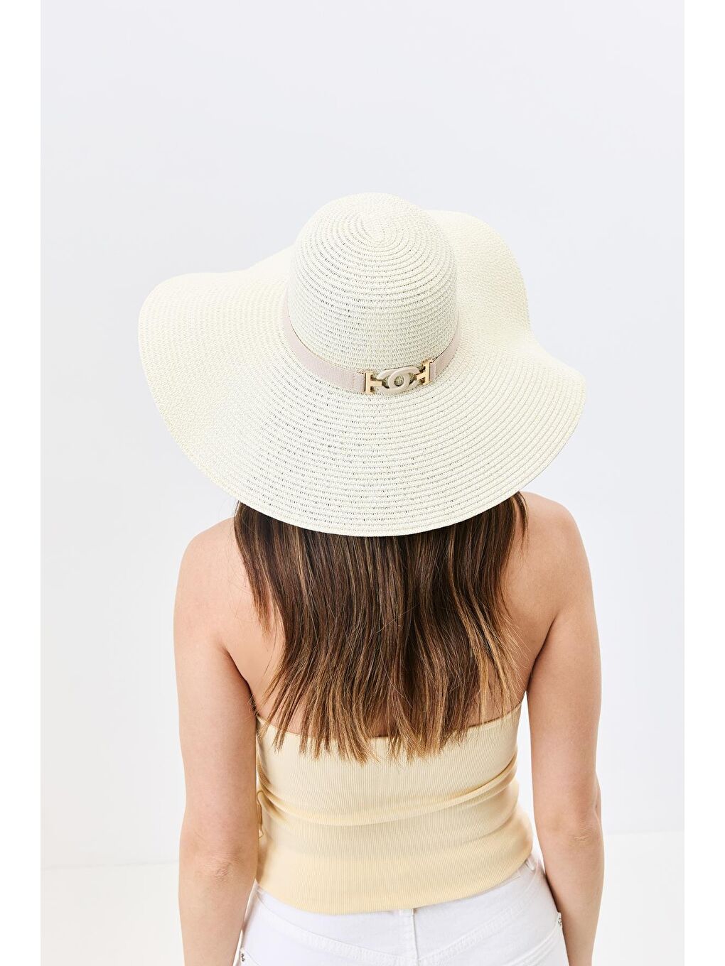 Ekru Geniş Kenar Hasır Plaj Şapkası Y25730-08 Krem-1