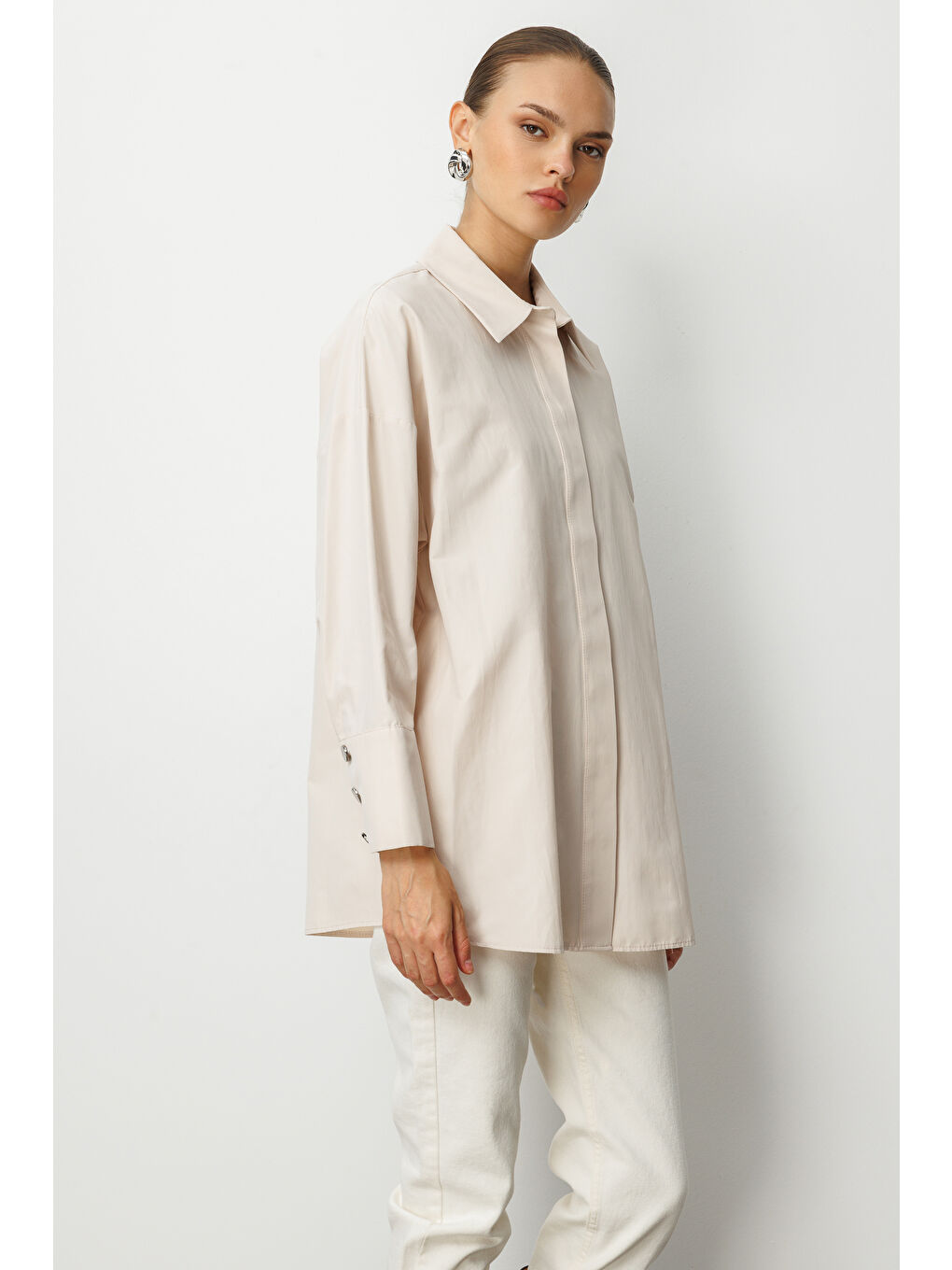 Bej Geniş Patlı Pamuklu Taş Rengi Tunik-2