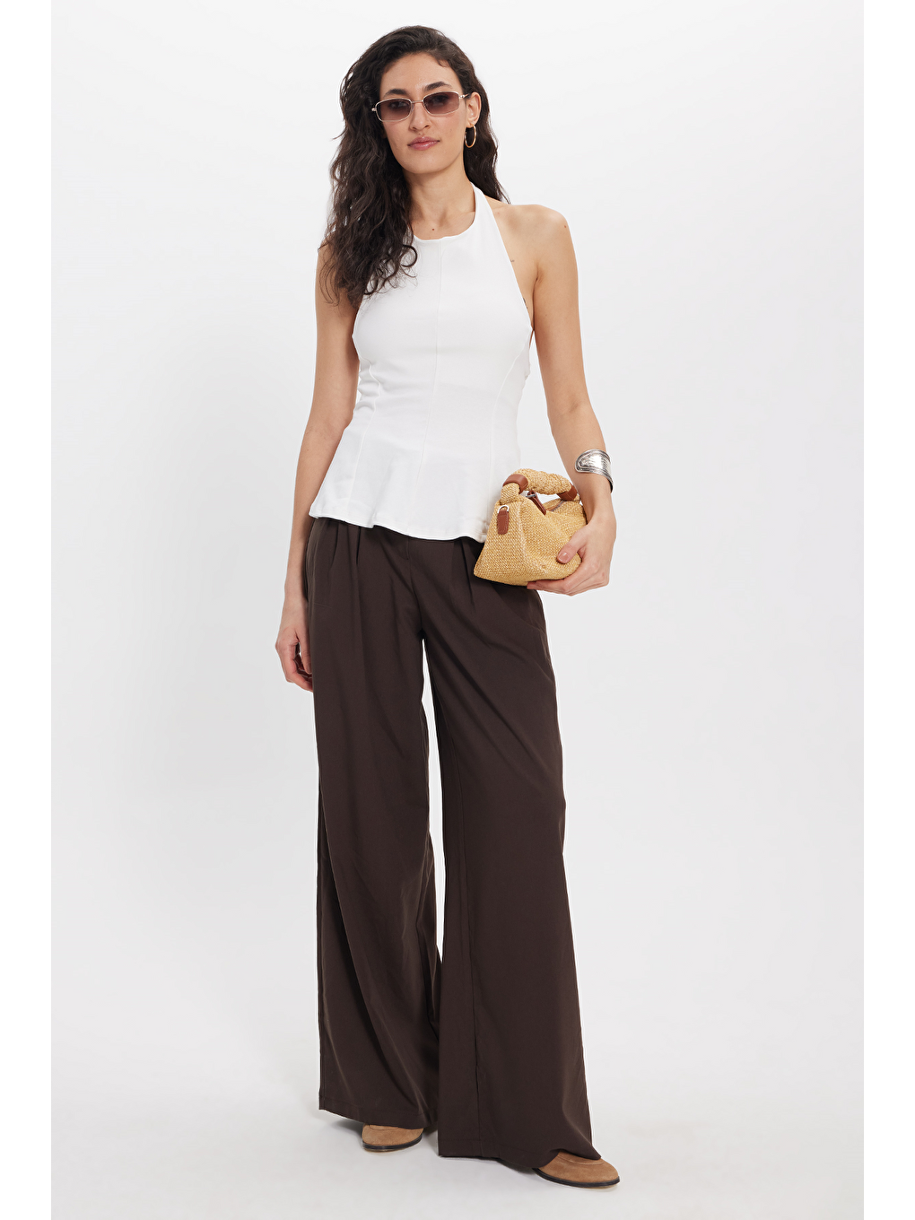 Kadın Slim Fit Dar Kesim  %100 Pamuk Boyundan Bağlamalı Sıfır Kol Ekru Bluz-1