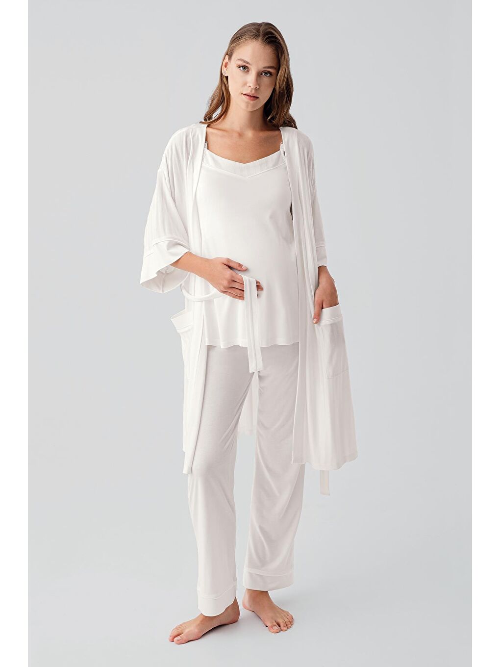 Ekru Askılı Esnek Viskoz Hamile Sabahlık Pijama Takım 19307