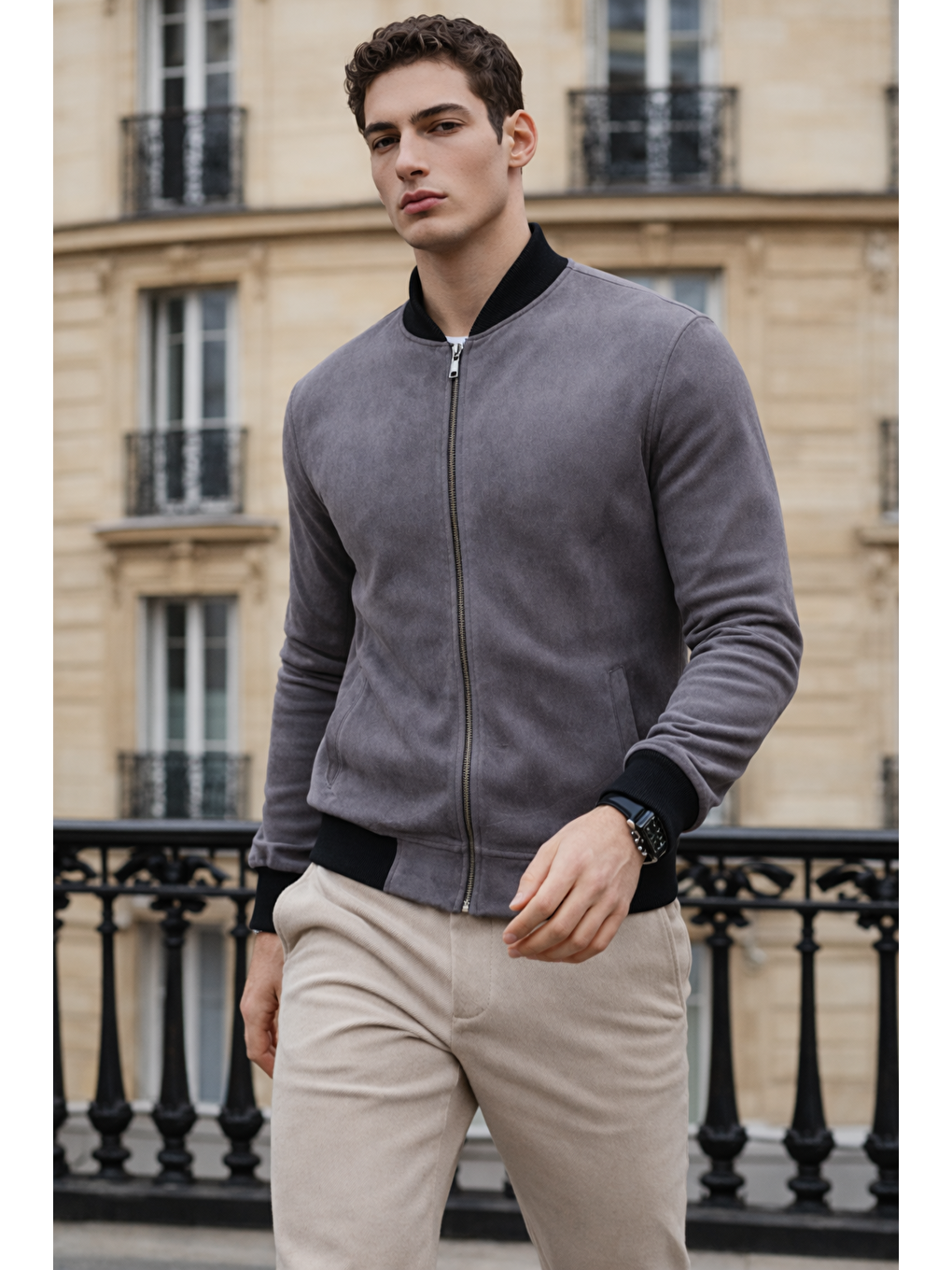 Gri Erkek Trend Dar Astarsız Nubuk Süet Füme Ceket-1