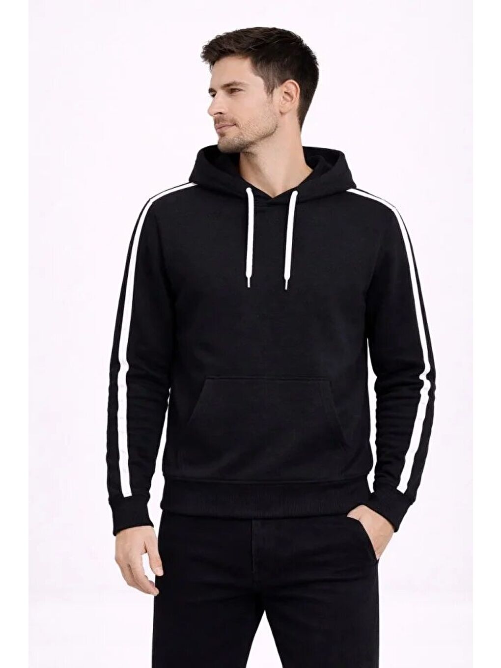 Erkek Şeritli Kapüşonlu Sweatshirt Oversize 3 Iplik Pamuklu - Siyah-3