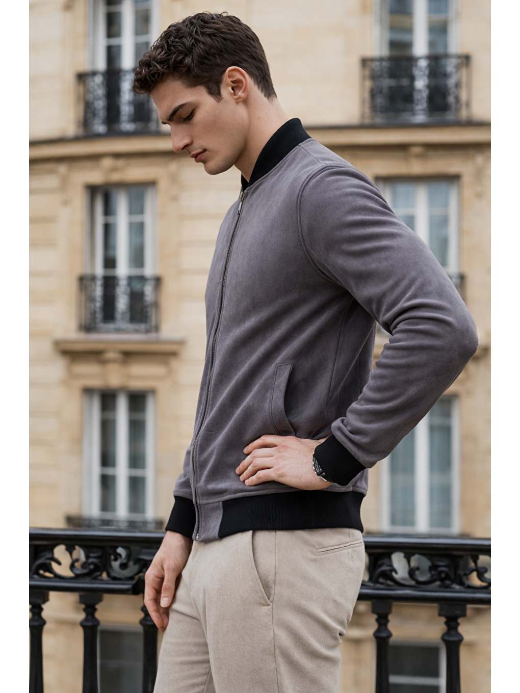 Gri Erkek Trend Dar Astarsız Nubuk Süet Füme Ceket-2