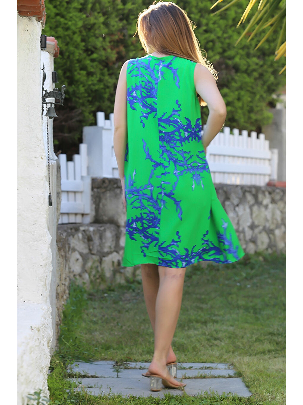 Yeşil Havuz Yaka Kolsuz Bağlamalı Püsküllü Allover Baskılı Casual Viskon Dokuma Elbise 100 60-5